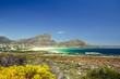 Beautiful view of Pringle Bay, a small beach village located along Route 44 in the eastern part of False Bay near Cape Town. Bushland in the foreground, Hangklip mountain in the background.