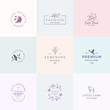 Abstract Feminine Vector Signs, Symbols or Logo Templates Set. Retro Floral Illustration with Classy Typography, Birds and Lamb. Premium Quality Emblems for Beauty Salon, SPA, Wedding Boutiques, etc.