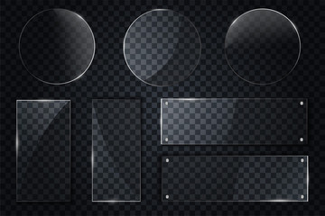 Aufkleber - set of transparent glass on sample background. Glass framework set. Glass square, rectangular and round buttons on checkered background. EPS10