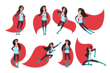 Canvas Print - Comic superwoman actions in different poses. Female superhero vector cartoon characters