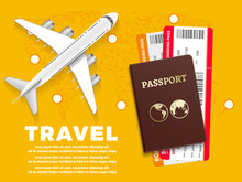 Air Travel Banner With Plane World Map And Passport - Vacation Concept Design