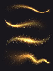 Wall Mural - Sparkle stardust. Golden glittering magic vector waves with gold particles collection