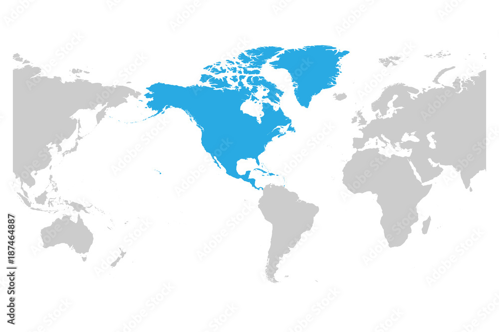 North America continent blue marked in grey silhouette of America centered World map. Simple flat vector illustration.