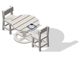 Low poly isometric round table with chairs and a cup of coffee