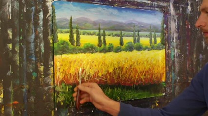 Wall Mural -  Artist create Italian tuscany cypresses landscape painting on canvas with palette knife