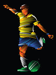 Wall Mural - soccer player running to kick the ball made of colorful brushstrokes on dark background