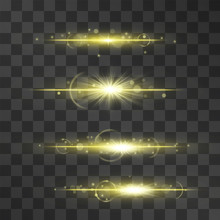 Set Of Golden Streams, Glowing Light Laser Effect Isolated On Transparent Background. Luxurious Backdrops With Sundogs, Flares And Sparkles. Warm Illumination For Splendent, Rich Design.