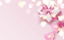 Pink Candles And Gift Box On Pink Background. Beautiful Romantic Background With Place For Text. Vetor Illustration