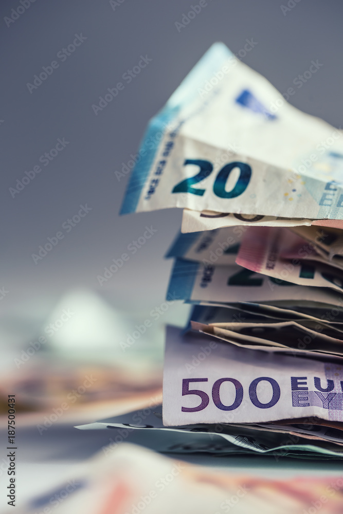 Euro money euro banknotes euro currency. Lying loose euro banknotes - obrazy, fototapety, plakaty 