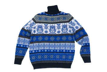 Wall Mural - Blue Children's knitted sweater with a pattern. Isolate on white