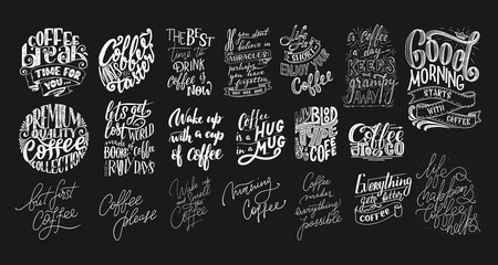 Wall Mural - Set of Hand lettering quotes with sketches for coffee shop or cafe. Hand drawn vintage typography collection isolated on black background