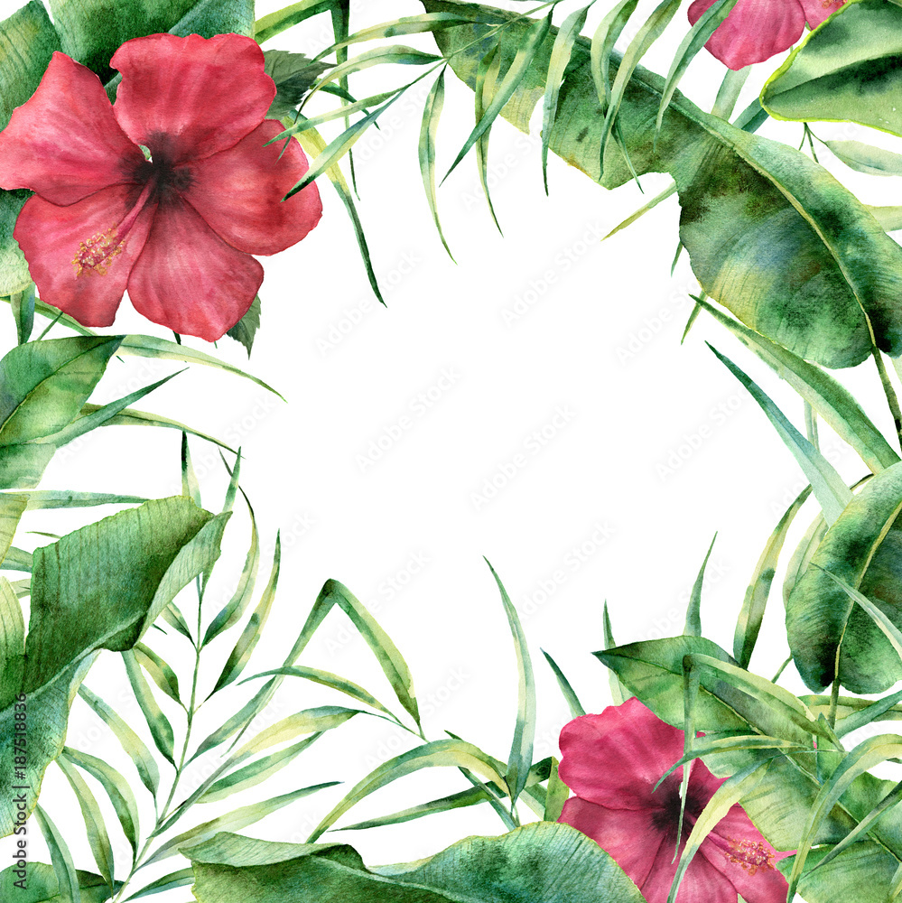 Watercolor floral frame with tropic greenery and flowers. Hand painted ...