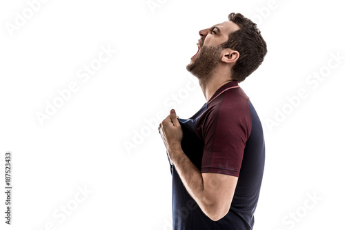 Fotografía Soccer fan celebrating on white background