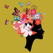 Woman's head black silhouette with butterflies and flowers in the hair. Vector illustration on golden background