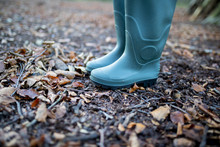 Man Or Woman Wearing A Pair Of Traditional Green Rubber Wellington Boots In A Forest In Autumn With Leaves And Twigs On The Ground