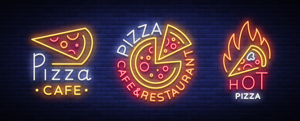 Wall Mural - Pizza collection of neon signs vector. Set neon logos Pizzeria, emblems. Neon advertising on the topic of pizza cafe, restaurant, dining room, snack bar. Bright night billboard. Vector illustration
