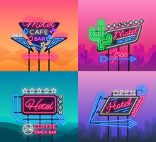Hotel And Motel Are Collection Of Neon Signs. Vector Illustration. Collection Of Retro Signboards, Billboard With An Indication Of Hotel Or Motel, Night Neon Advertisement Of Hotel, Luminous Banner