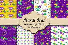 Mardi Gras Carnival Set Of Seamless Pattern With Mask Feathers, Beads. Collection Fat Tuesday Endless Background, Texture, Wallpaper. Festival Backdrop. Vector Illustration