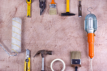 Wall Mural - Work tools on plaster surface.Concept home repair.Top view with copy space.