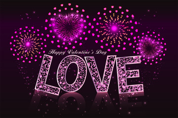 Wall Mural - happy Valentine's Day card, fireworks over LOVE glitter text. illustration vector.