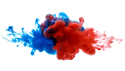 symbol of rivalry and struggle or merging of a compound. ink in water red and blue isolated on white