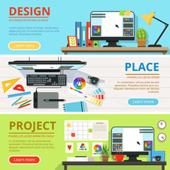 Wall Mural - workspace for computer designers and graphic artists . horizontal banners with place for your text