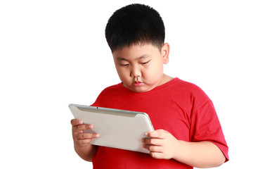 Asian fat boy wearing a red shirt playing a tap.