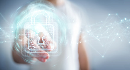 Fototapete - Businessman using digital padlock with data protection 3D rendering