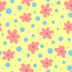 Repeating abstract flowers and round dots. Cute floral seamless pattern for children. Drawn by hand.