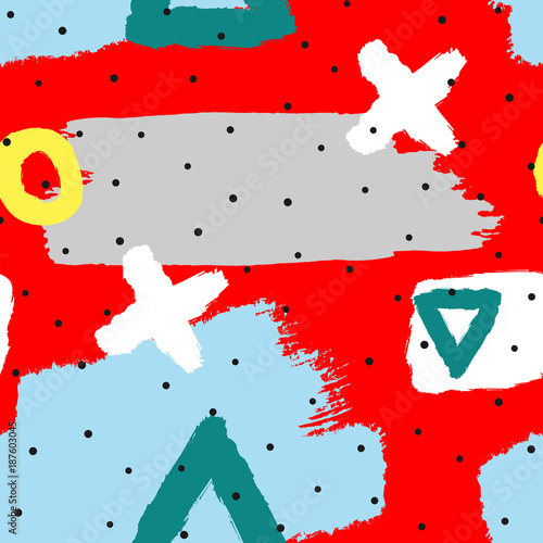 Materiał do szycia Abstrakcja bezszwowe z geometrycznych kształtów i akwarela pędzla. Grunge, graffiti, szkic, doodle. Czerwony, szary, niebieski, biały, żółty.