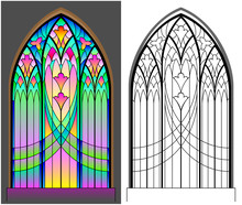 Colorful And Black And White Pattern Of Gothic Stained Glass Window. Worksheet For Children And Adults. Vector Image.