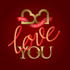 Wall Mural - Love You golden and fluid 3d lettering text with two connected hearts symbol. Happy Valentines Day greeting card design.