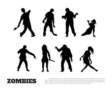 Set Of Black Silhouettes Of Zombies On White Background. Isolated Image Of Undead Monster
