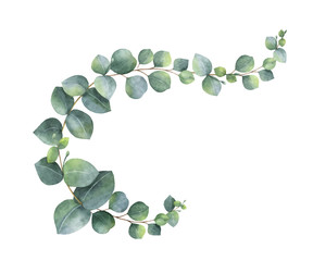 Wall Mural - Watercolor vector wreath with green eucalyptus leaves and branches.