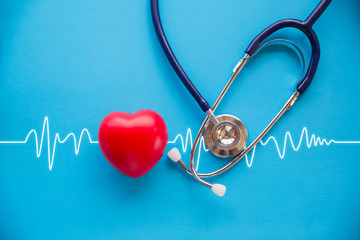 stethoscope and red heart with cardiogram