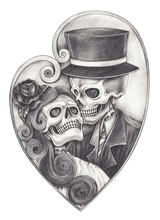 Skeleton Lovers Day Of The Dead Design By Hand Pencil Drawing On Paper.