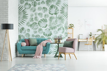 apartment with floral wallpaper