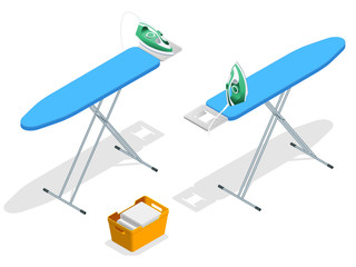 Isometric iron, ironing board and laundry basketf flat style vector illustration isolated on white background.