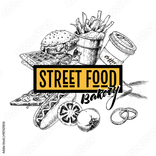 Hand Drawn Fast Food Banner Street Food Bakery Burger Hot Dog French Fries Pizza Coffee And Waffels Engraved Vector Illustration Restaurant Menu Street Food Bakery Cafe Logo Flyer Buy This Stock