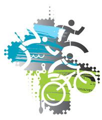 Wall Mural - Triathlon race Iron Man.
Three triathlon athletes on the grunge background. Vector available. 