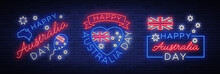 Happy Australia On January 26, A Set Of Festive Elements In The Neon Style. Collection Of Neon Signs, Ribbon With National Colors. Layout Of The Template For Card, Banner, Poster, Flyer, Card. Vector
