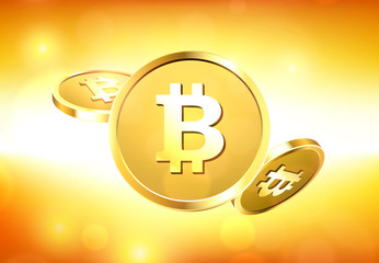 Wall Mural - Gold bitcoins on orange background.