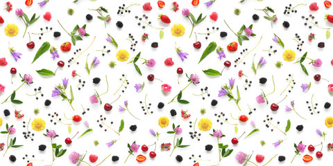 Wall Mural - Seamless pattern from plants, wild flowers and  berries, isolated on white background, flat lay, top view. The concept of summer, spring, Mother's Day, March 8. 