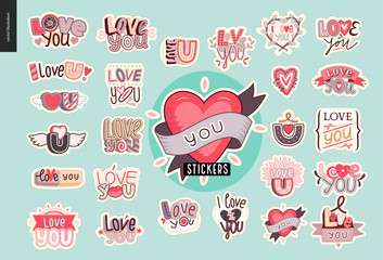 Set of contemporary girlie Love You letter logo. A set of vector patches, logo and letter composition. Vector stickers kit.