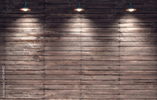 3d rendering illustration of wooden panels wall with three hanging lamp Canvas Print