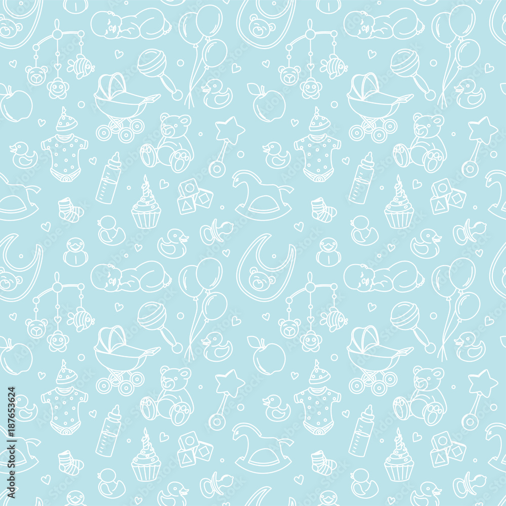 Newborn baby shower seamless pattern for textile, print, greeting cards, wrapping paper, wallpaper. For boy or girl birthday celebration party. Vector illustration design line scetch stile - obrazy, fototapety, plakaty 