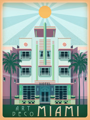 Canvas Print - Sunny day in Miami, USA. Handmade drawing vector illustration. Art deco style.