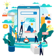 Mobile application development process flat vector illustration. Software API prototyping and testing background. Smartphone interface building process, mobile app building concept. Design studio