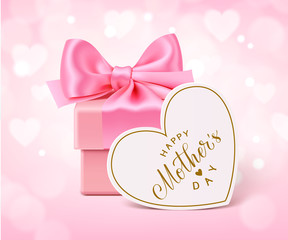 Wall Mural - Happy Mother's Day. Holiday background with pink gift box, bow and heart tag. Mothers Day background. Vector illustration