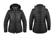 Black down jacket with hood front and back isolated on white
